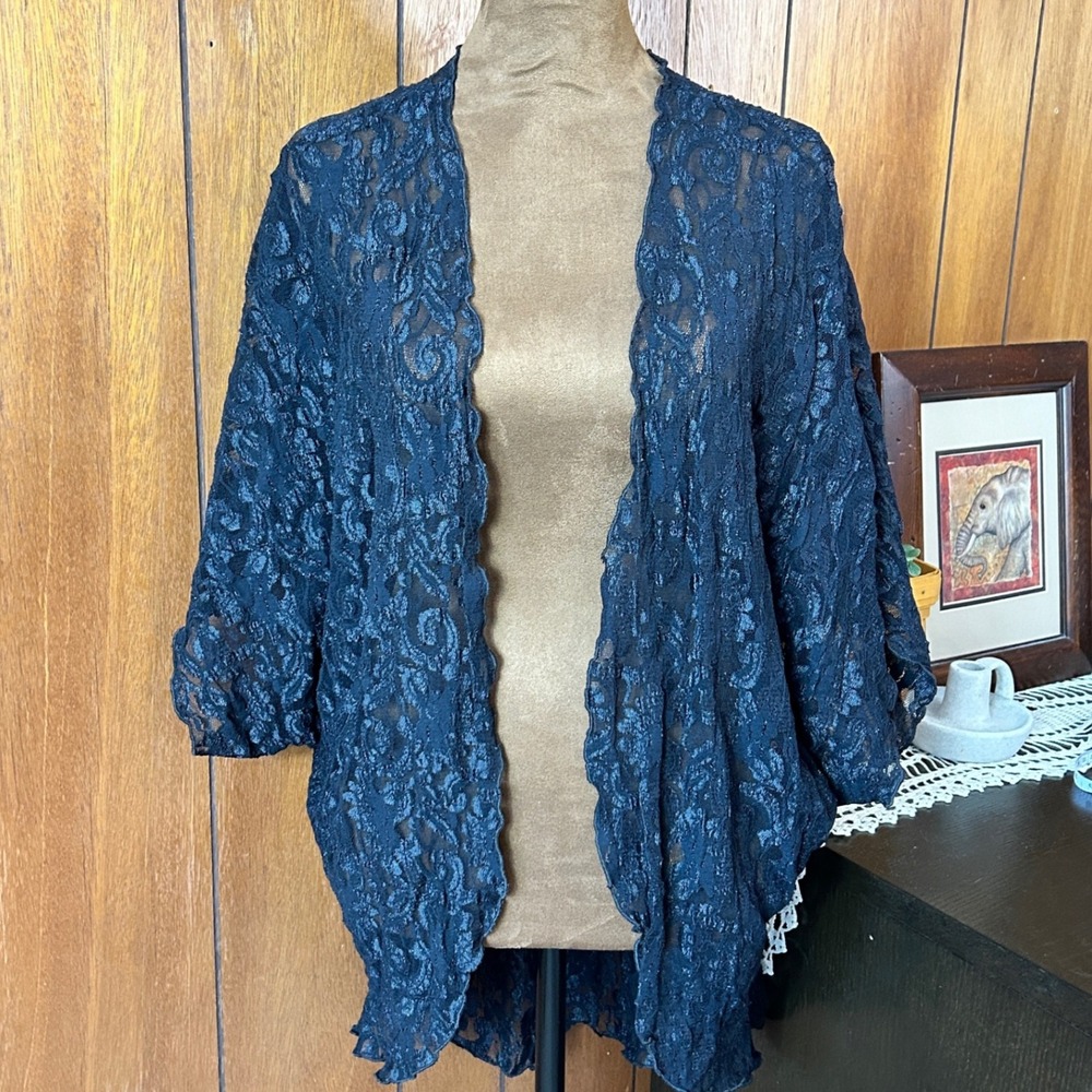 Vintage Cinema Etoile Lace Kimono Cardigan Black Floral Sheer Lingerie Sexy